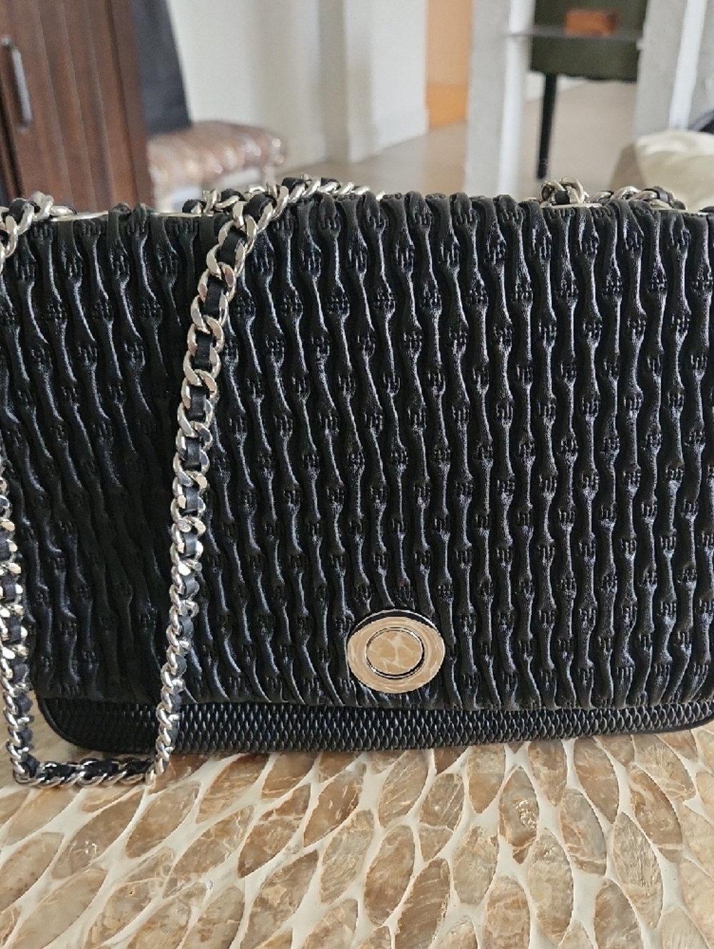 Zara Black Quilted Shoulder Bag with Silver Chain